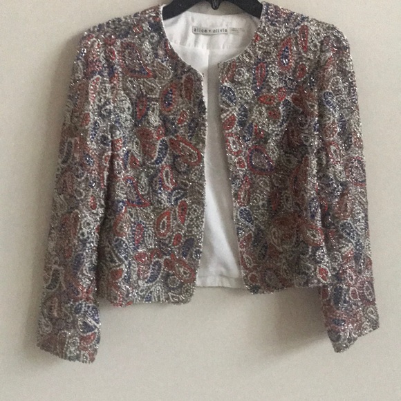 ALICE + OLIVIA Kidman Sequined Cropped Beaded Metallic Jacket - Picture 5 of 8